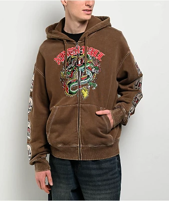 Ninth Hall Dragon Fire Brown Wash Zip Hoodie