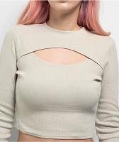 Ninth Hall Fundamentals Krystie Beige Cutout Long Sleeve Crop T-Shirt