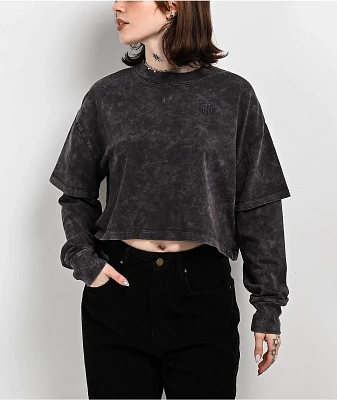 Ninth Hall Fundamentals Lonnie Black Wash Boxy 2fer Crop Long Sleeve T-Shirt