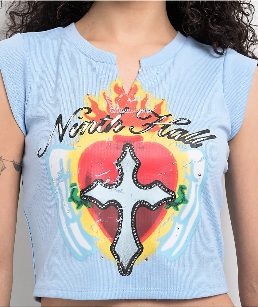 Ninth Hall Harper Cross Heart Light Blue Crop T-Shirt