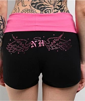 Ninth Hall Jennifer Rhinestone Black & Pink Foldover Shorts