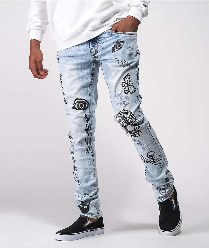 Ninth Hall Rogue Printed Light Wash Skinny Jeans