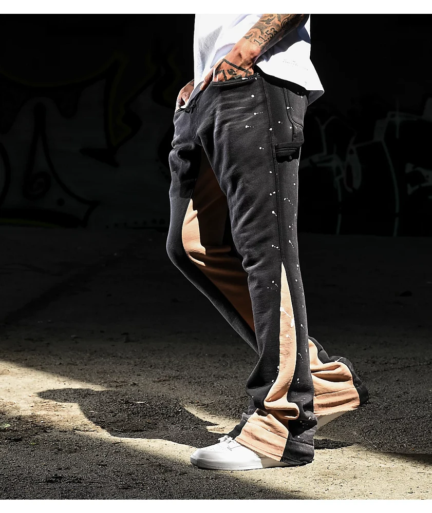 Ninth Hall Stacked Flare Black & Tan Wash Sweatpants