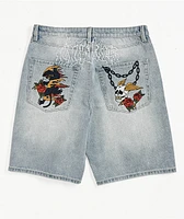 Ninth Hall Waylay Skull Blue Wash Loose Fit Shorts