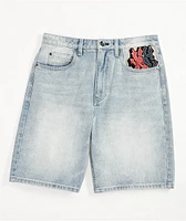 Ninth Hall Waylay Skull Blue Wash Loose Fit Shorts