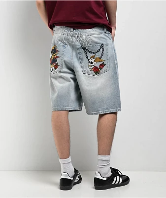 Ninth Hall Waylay Skull Blue Wash Loose Fit Shorts