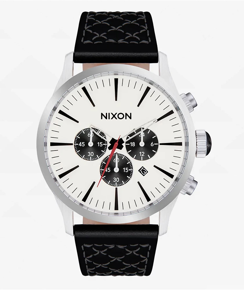 Nixon Sentry Chrono Leather Chrome, Cloud Sunray, & Black Analog Watch