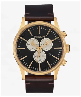 Nixon Sentry Chrono Leather Gold, Indigo & Brown Analog Watch