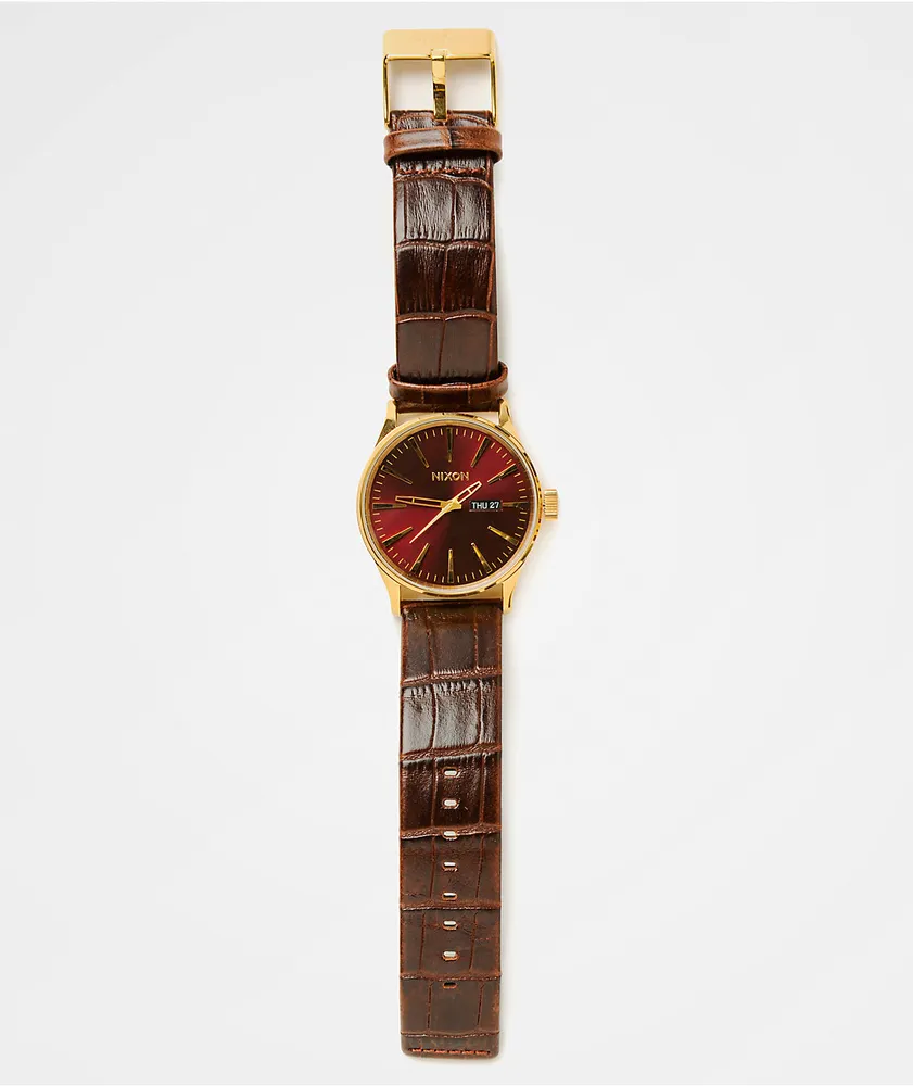 Nixon Sentry Gold, Oxblood Sunray & Brown Gator Leather Analog Watch