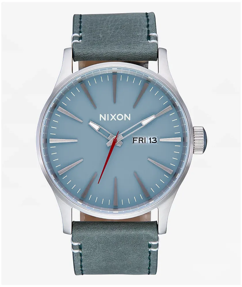 Nixon Sentry Leather, Silver & Dusty Blue Analog Watch