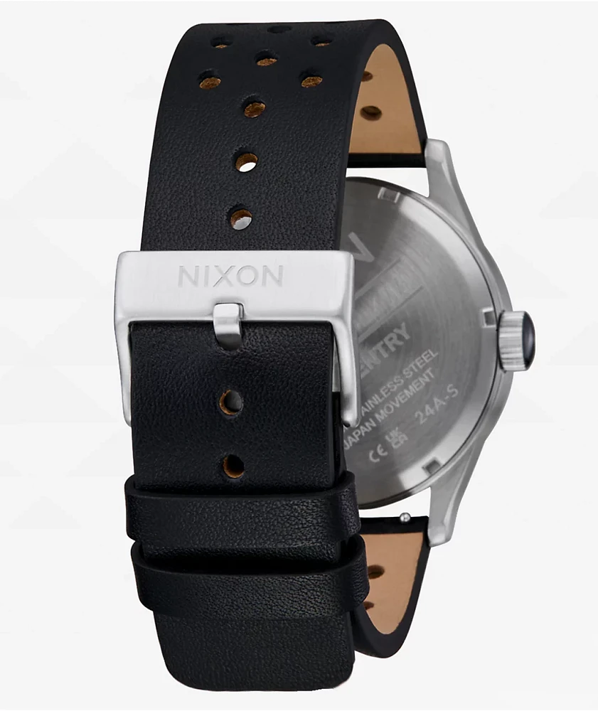 Nixon Sentry Leather Chrome, Silver Sunray, & Black Analog Watch