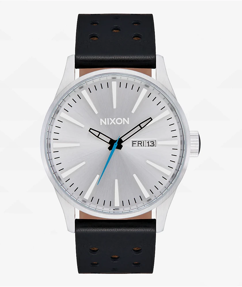 Nixon Sentry Leather Chrome, Silver Sunray, & Black Analog Watch