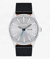 Nixon Sentry Leather Chrome, Silver Sunray, & Black Analog Watch