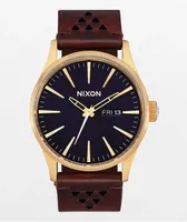 Nixon Sentry Leather Gold, Indigo & Brown Analog Watch