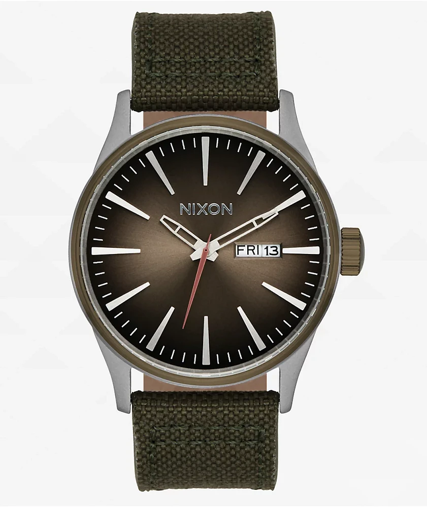 Nixon Sentry Nylon Silver, Light Brown & Forest Analog Watch