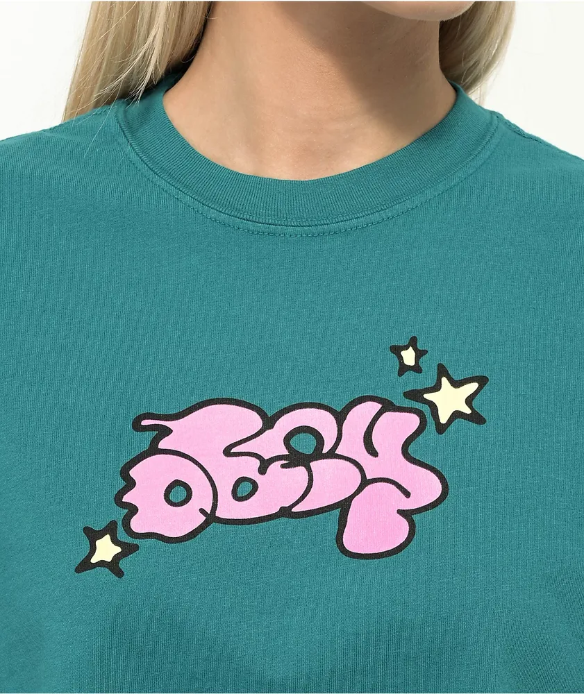 Obey Bubble And Stars Teal Crop T-Shirt
