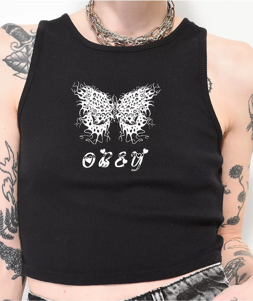 Obey Flaming Butterfly Black Ribbed Crop Tank Top