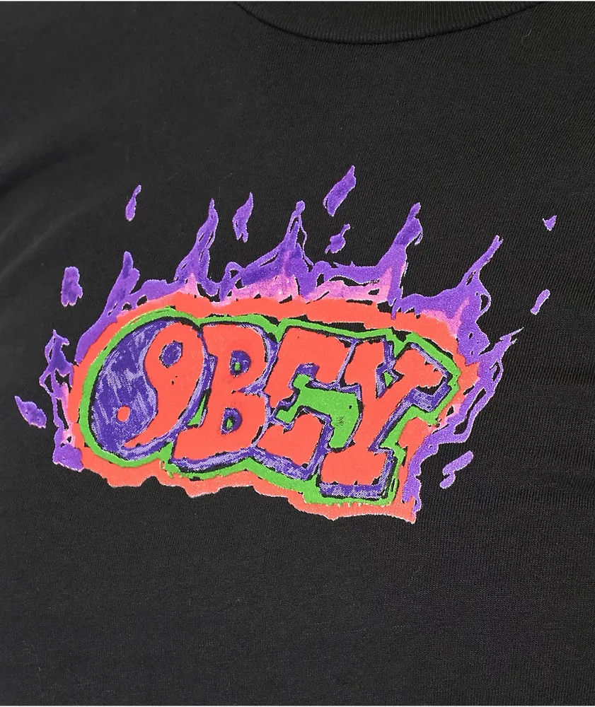 Obey Flaming Graffiti Black Crop T-Shirt