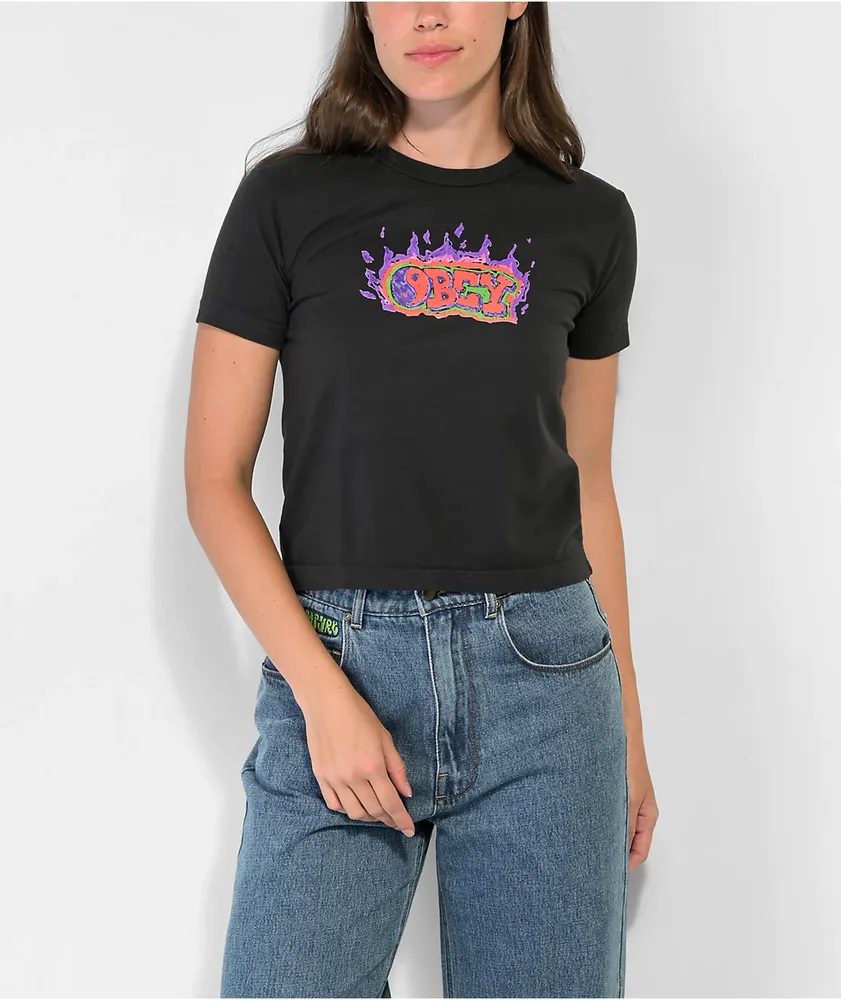 Obey Flaming Graffiti Black Crop T-Shirt