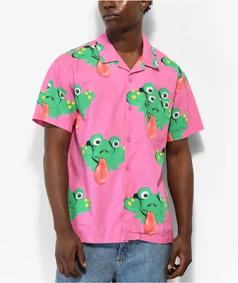 Obey Frogman Pink Short Sleeve Button Up Shirt