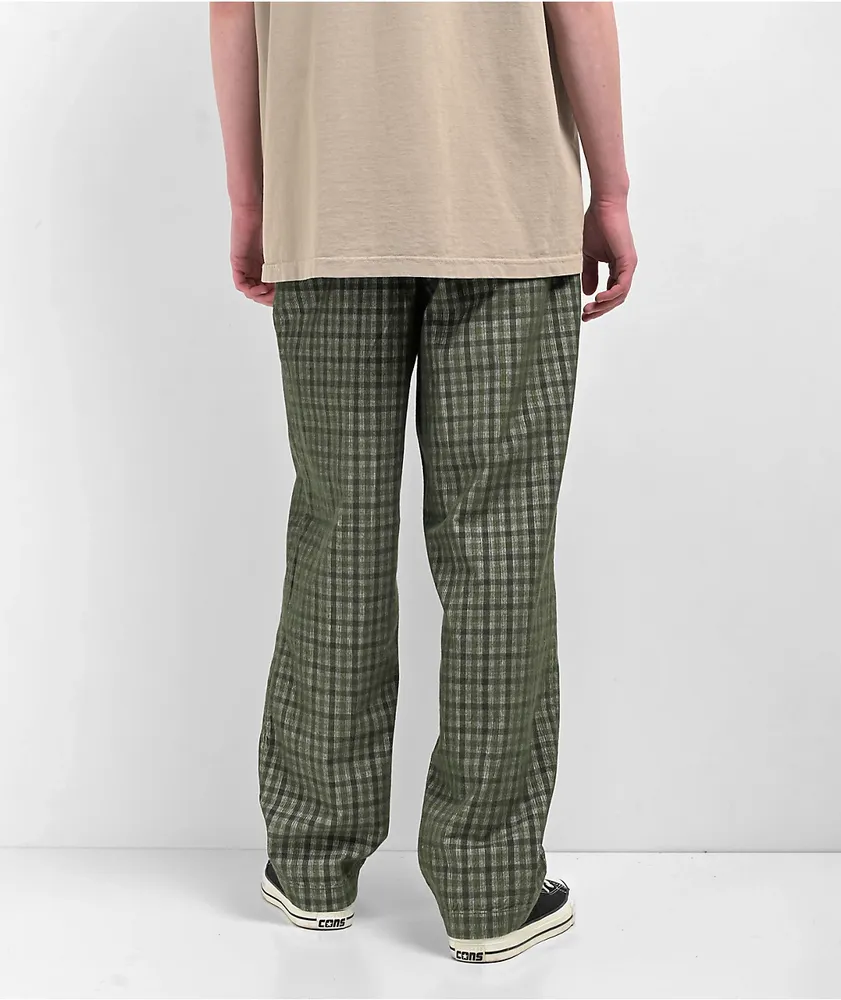 Obey Fubar Pleated Plaid Green Kombu Corduroy Pants