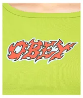 Obey Jess Flame Logo Green Long Sleeve Crop T-Shirt