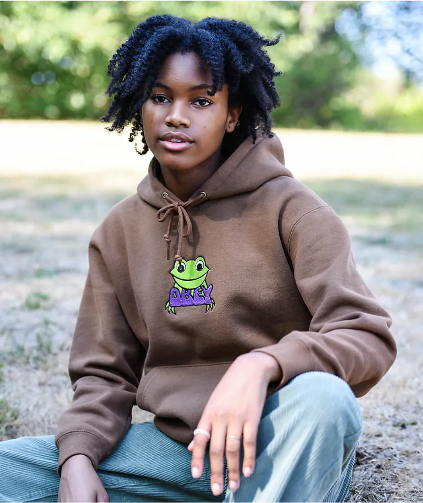 Obey Ribbit Embroidered Brown Hoodie