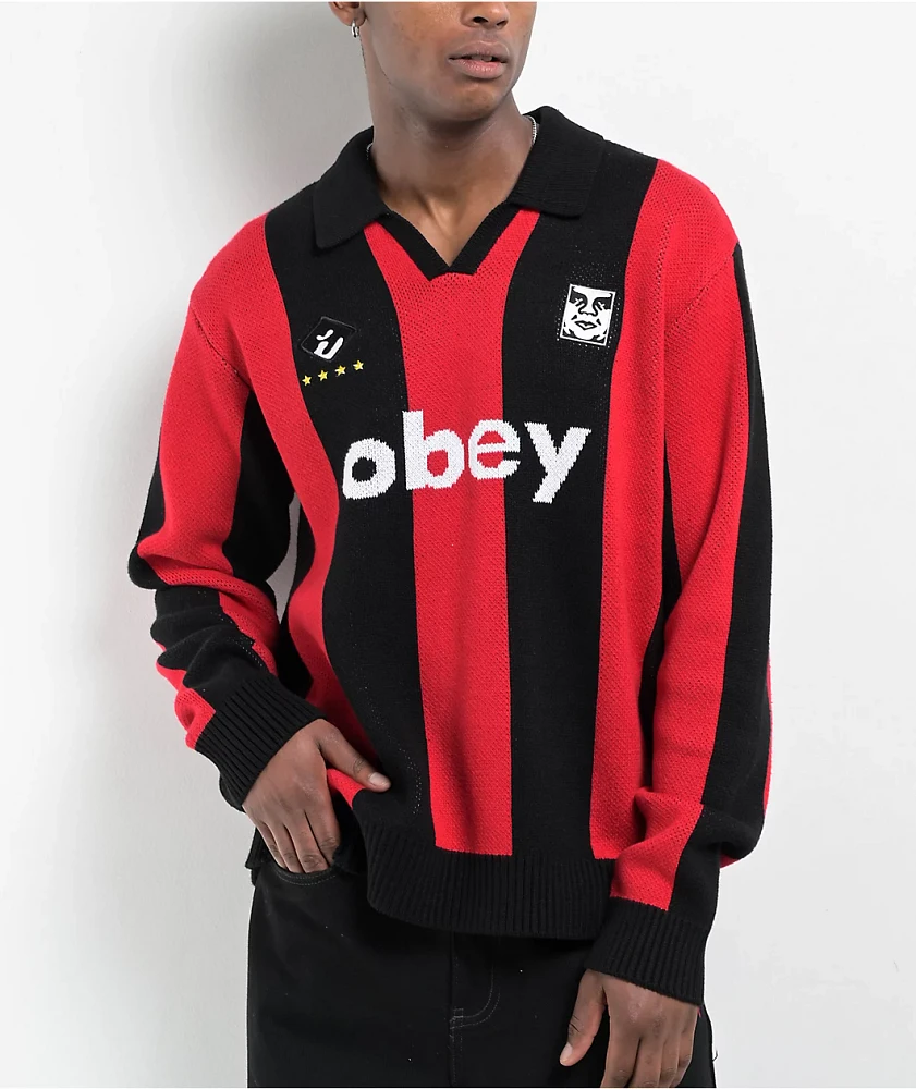 Obey Soccer Black & Red Polo Knit Sweater