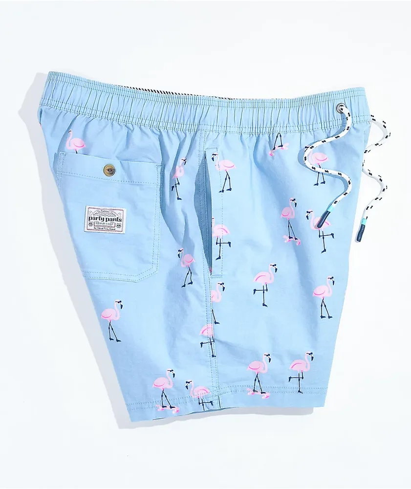 Party Pants Cruiser Flamingoes Sky Blue Board Shorts