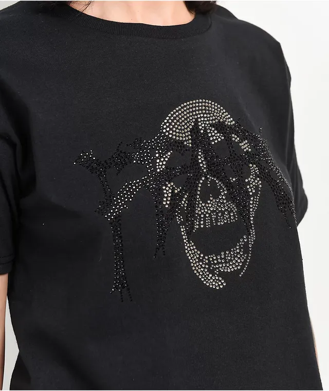 Personal Fears Tonal Rhinestone Skull Black Crop T-Shirt