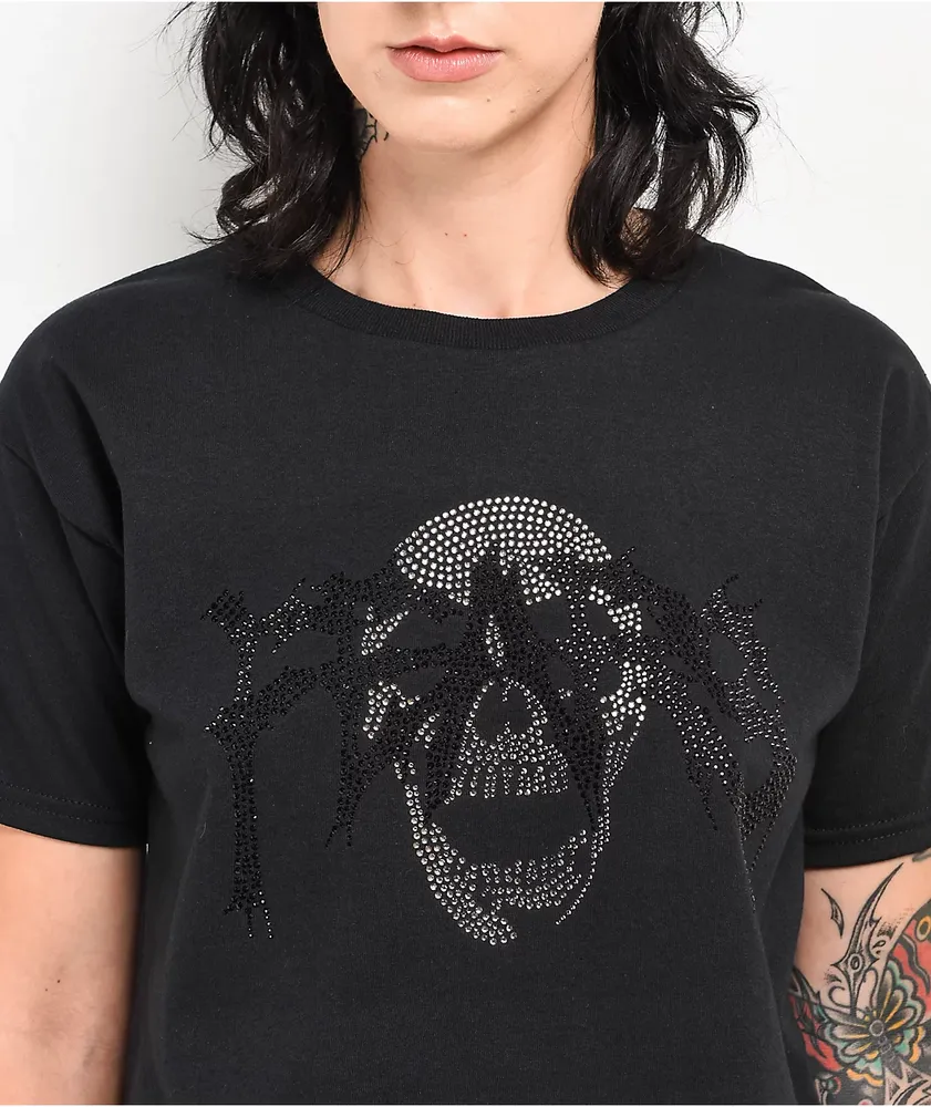 Personal Fears Tonal Rhinestone Skull Black Crop T-Shirt