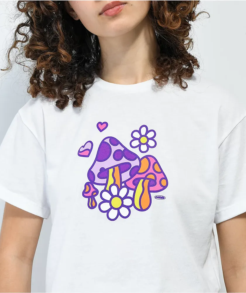 Petals And Peacocks Mushroom Grove White Crop T-Shirt