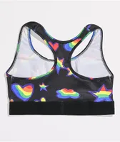 Petals and Peacocks Black Rainbow Sports Bra