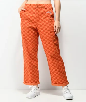 Petals and Peacocks Butterfly Checkered Orange Work Pants