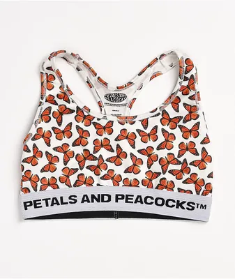 Petals and Peacocks Butterfly White Sports Bra