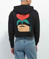 Petals and Peacocks Go Around Black Crop Hoodie