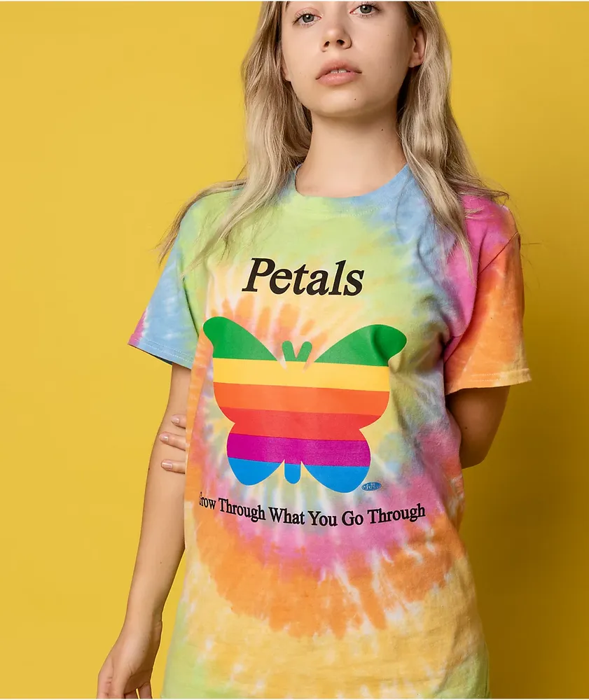 Petals and Peacocks Grow Through Tie Dye T-Shirt