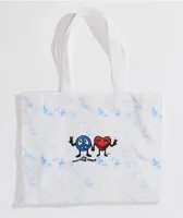 Petals and Peacocks Peace & Love Blue Tie Dye Tote Bag