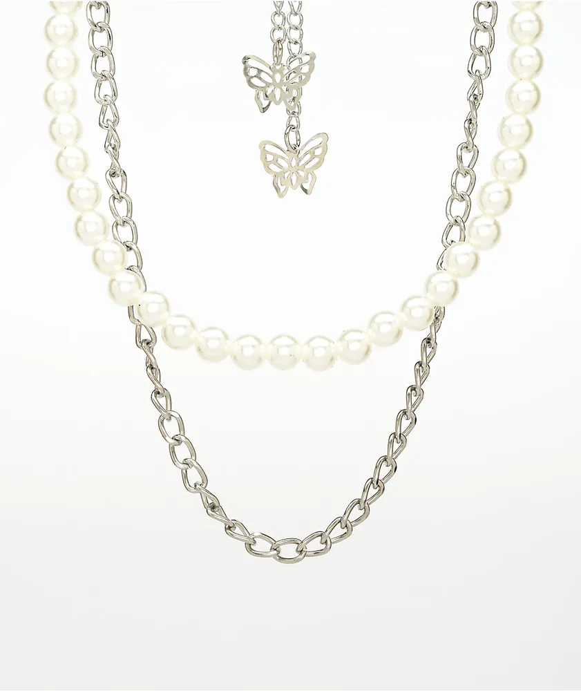 Petals and Peacocks Pearl & Butterfly 10" Silver Chain & Pearl Necklace
