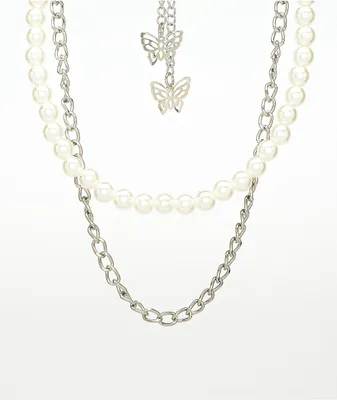 Petals and Peacocks Pearl & Butterfly 10" Silver Chain & Pearl Necklace