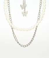 Petals and Peacocks Pearl & Butterfly 10" Silver Chain & Pearl Necklace