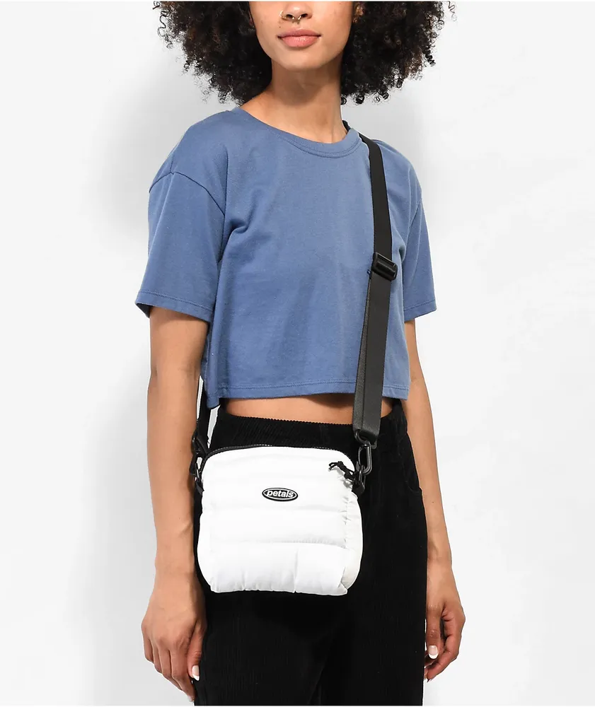 Petals and Peacocks Puffer White Crossbody Bag