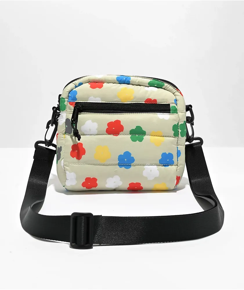 Petals and Peacocks Puffer White Floral Crossbody Bag