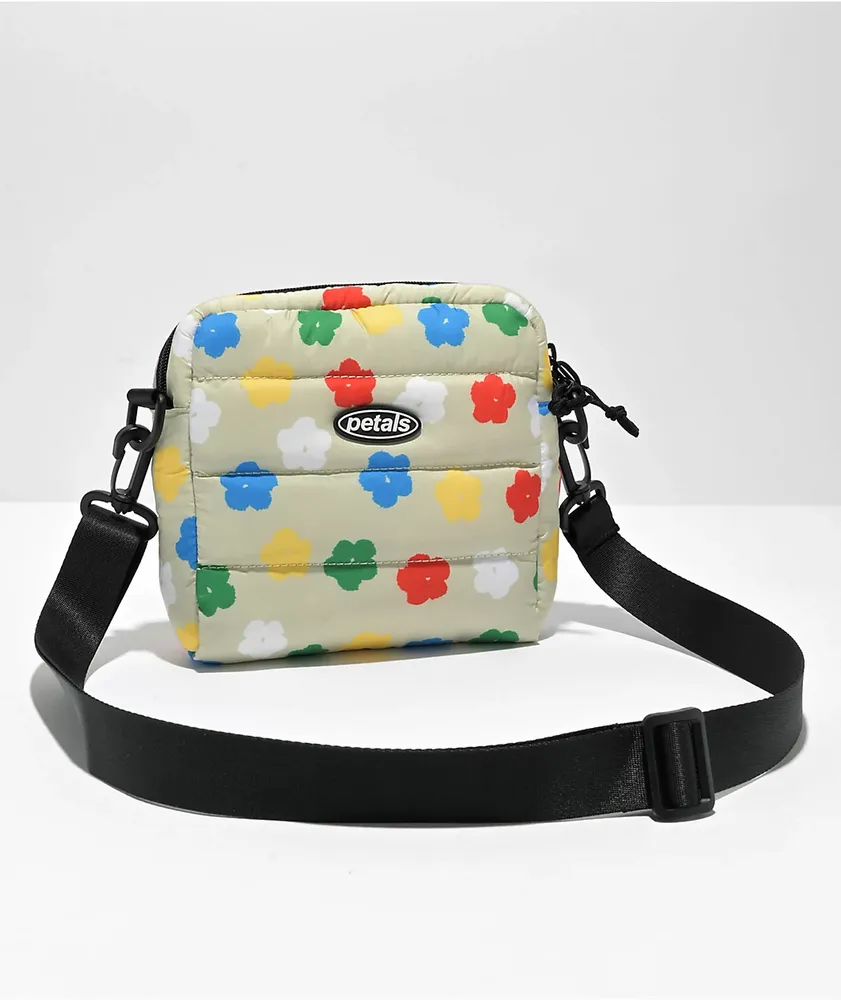 Petals and Peacocks Puffer White Floral Crossbody Bag