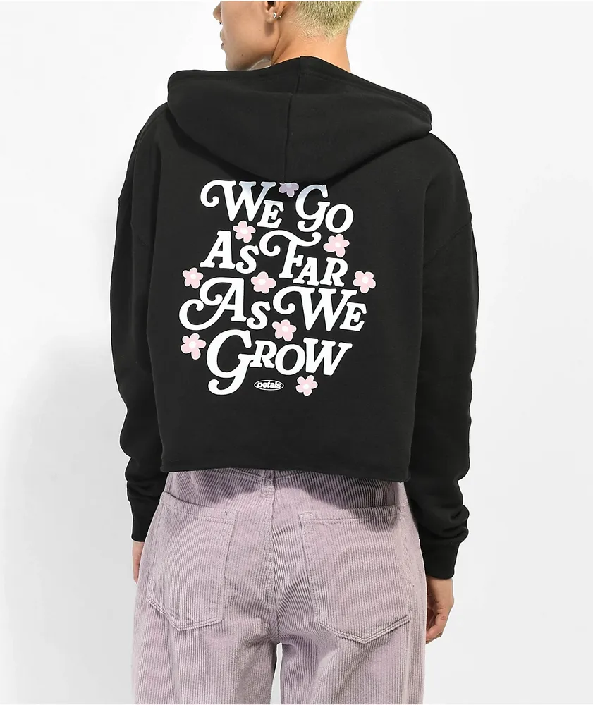 Petals and Peacocks We Grow Black Crop Hoodie