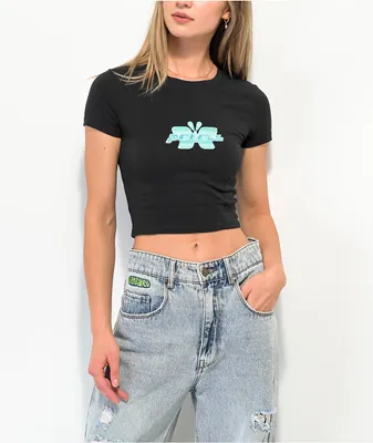 Petals and Peacocks Y2K Butterfly Black Crop T-Shirt