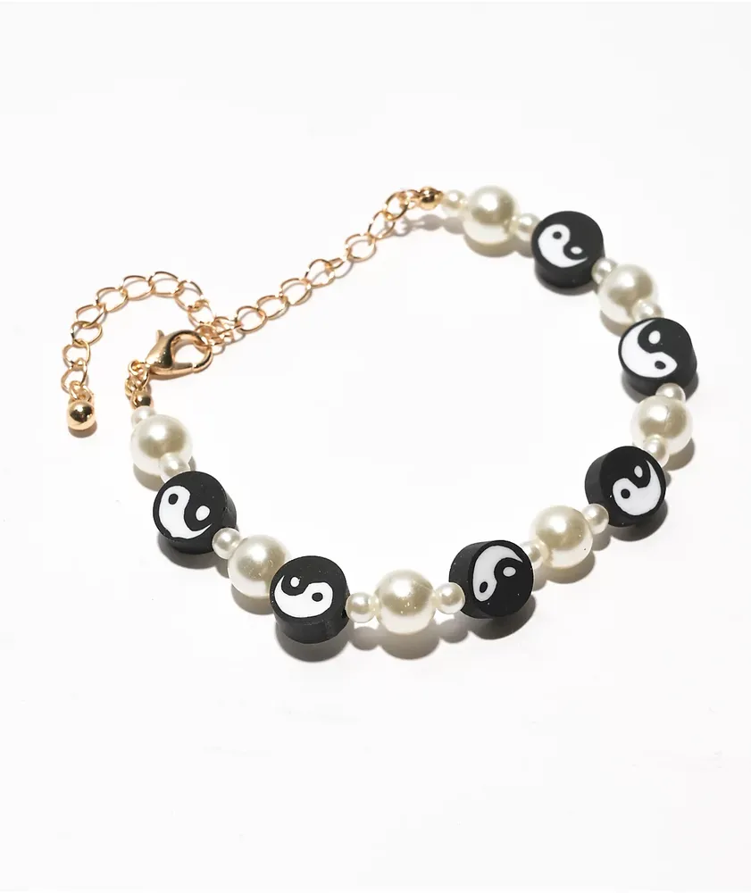 Petals and Peacocks Yin Yang White Beaded Bracelet