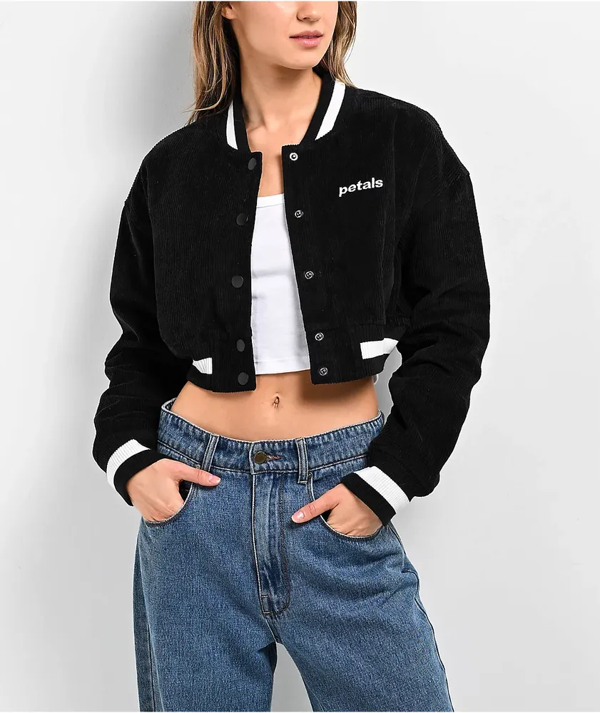 Zumiez Petals by Petals & Peacocks Billie Black Corduroy Crop Varsity  Jacket