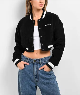 Petals by Petals & Peacocks Billie Black Corduroy Crop Varsity Jacket