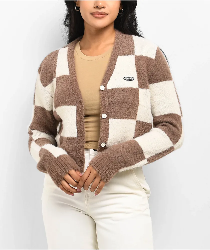 Petals by Petals & Peacocks Brown Checkered Crop Cardigan